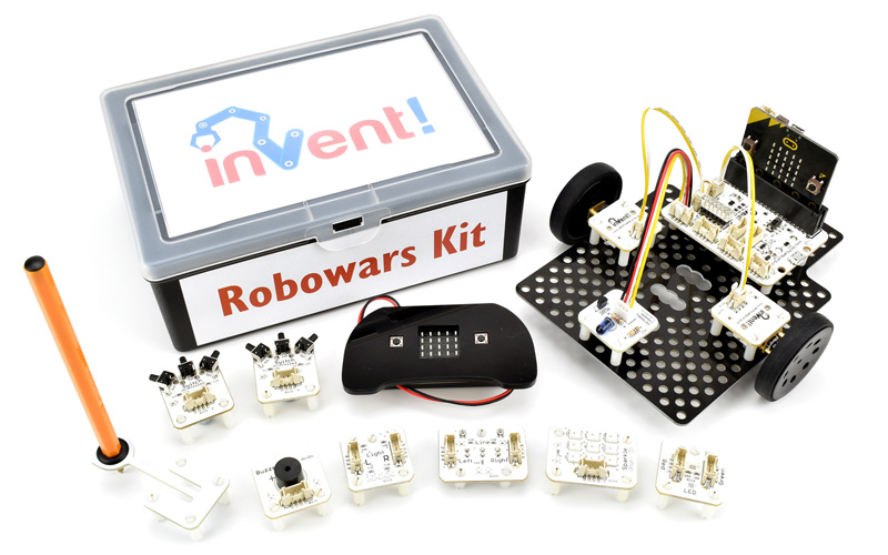 Invent! modular robot kit with parts on table