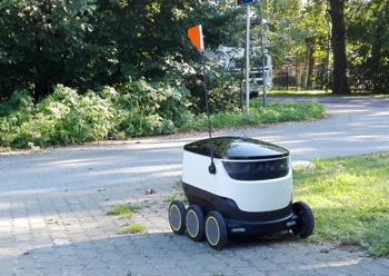 Food delivery robot waiting on driveway