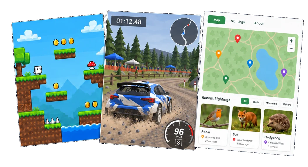 A 2D platformer, a 3D racing game and a web app built by campers