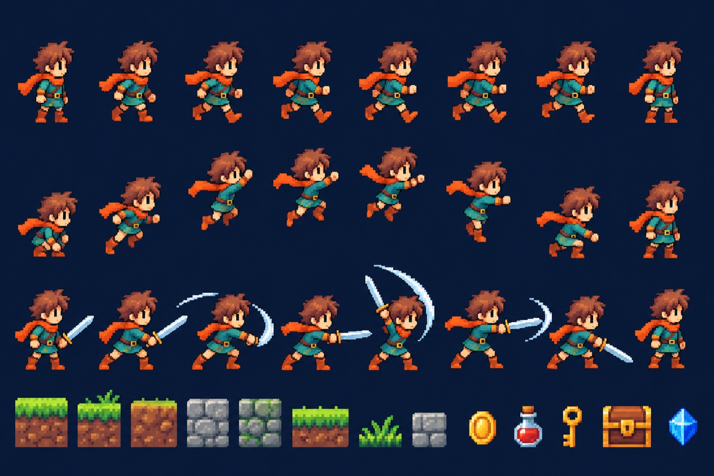 A pixel-art character sprite sheet